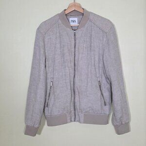 Zara Canvas Bomber Jacket Mens M Beige Linen Cotton Full Zip Neutral Minimalist
